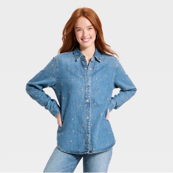 Universal Thread Tops - Universal Thread Women's Valentine's Day Relaxed Embellished Denim Shirt - XL